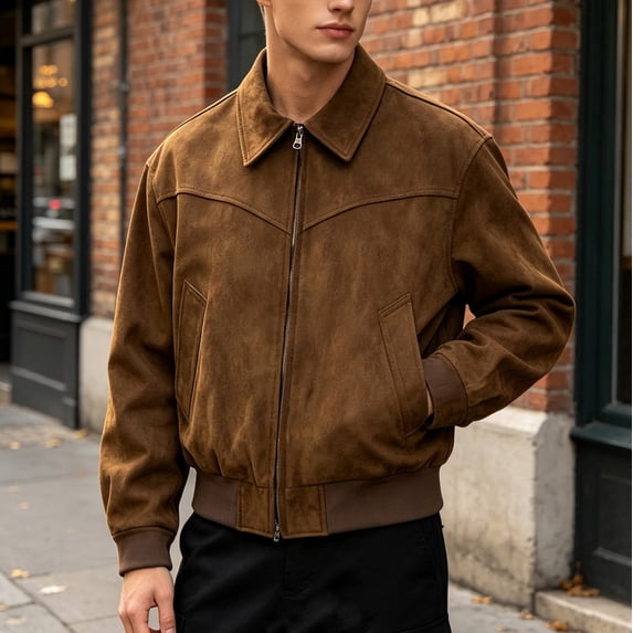 Men Faux Suede Bomber Jacket, Classic Turn‑Down Collar Full Zip Ribbed Hem Casual Cropped Outerwear Coat(Brown,XL)