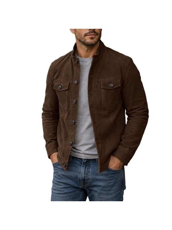 Men Faux Suede Jacket Casual Stand Collar Fall Winter Trucker Coat with Flap Pockets