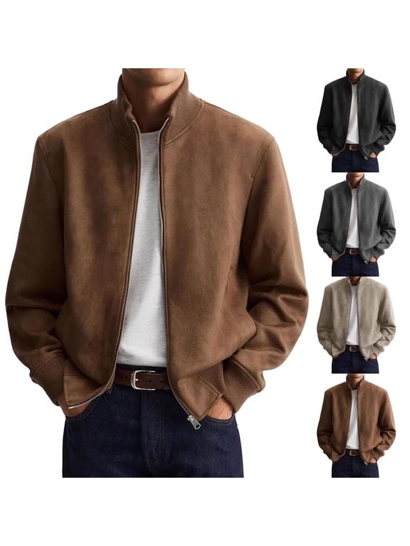 Men Faux Suede Jackets Liweisiy Stand Collar Zip Up Bomber Jacket Ribbed Cuff Hem Casual Lightweight Coat Black XL