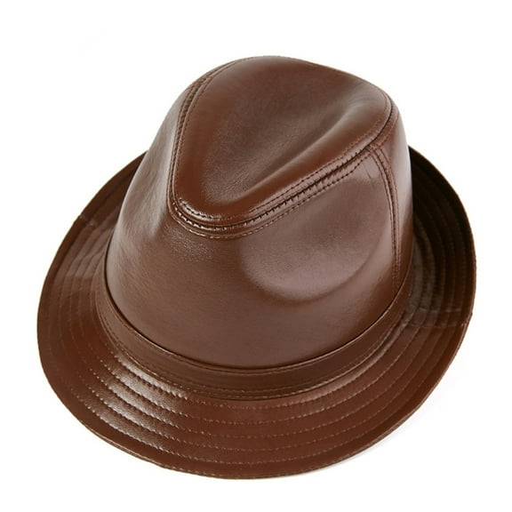 Men Fedora Hat Real Leather Dark Brown Jazz Hat Male Autumn Winter Men's Flat Top Cap ,Classic Design