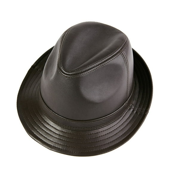 Men Fedora Hat Real Leather Dark Brown Jazz Hat Male Autumn Winter Men's Flat Top Cap ,Comfortable to Wear