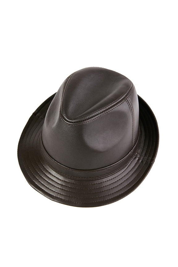 Men Fedora Hat Real Leather Dark Brown Jazz Hat Male Autumn Winter Men's Flat Top Cap ,Soft Feel