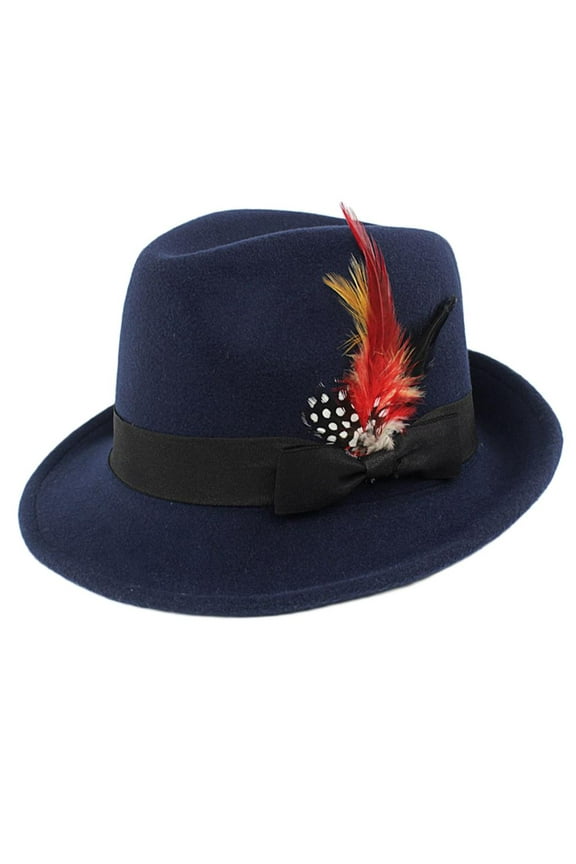 Men Fedora Hat Wool Felt Crushable Handmade Bowknot Feather Navy blue