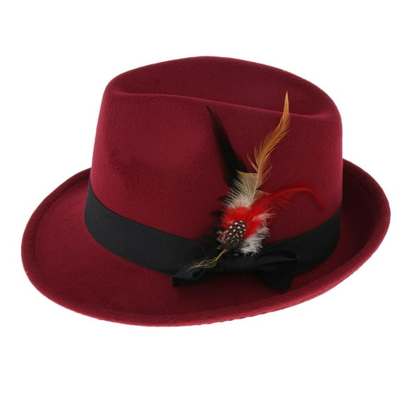 Men Fedora Hat Wool Felt Crushable Handmade Bowknot Feather red