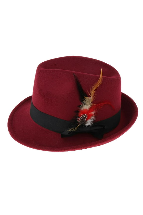 Men Fedora Hat Wool Felt Crushable Handmade Bowknot Feather red