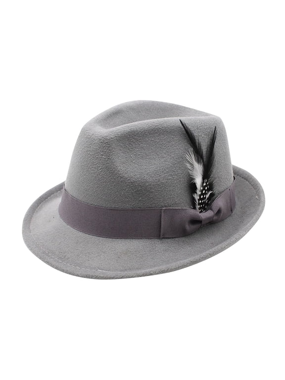 Men Felt Fedora Hat with Feather Decor Vintage Wide Brim Dress Hat Classic Gentleman Formal Casual Trilby Hat for Party Wedding Travel Gray One Size