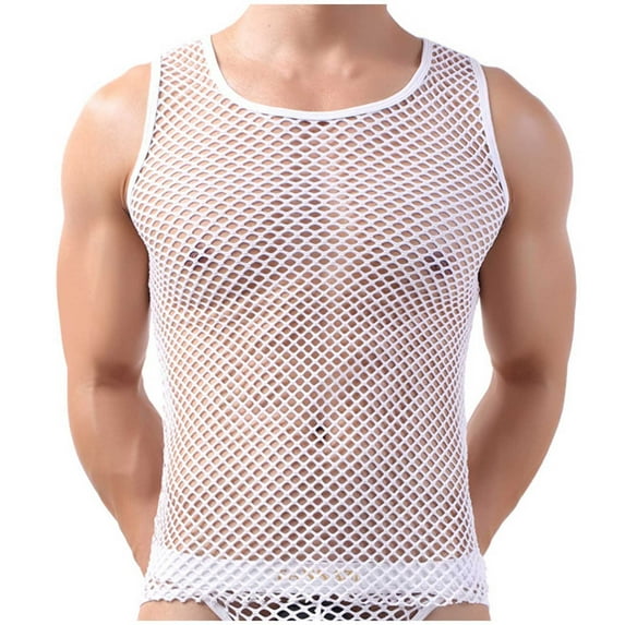 Men Fishnet Tank Top Sheer Transparent Mesh Undershirt Fitted Muscle Gym Shirt Vest