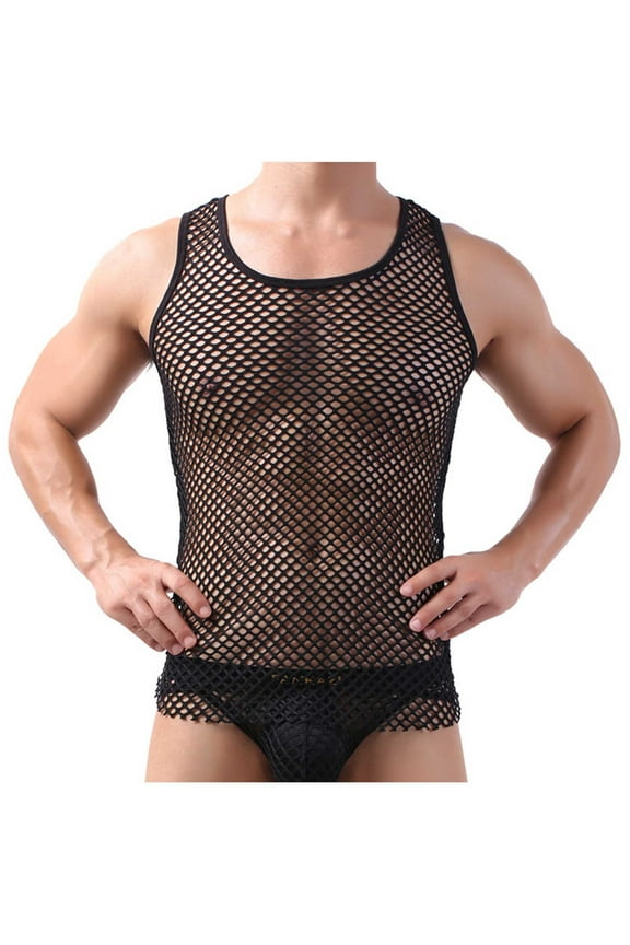 Men Fishnet Tank Top Sheer Transparent Mesh Undershirt Fitted Muscle Gym Shirt Vest