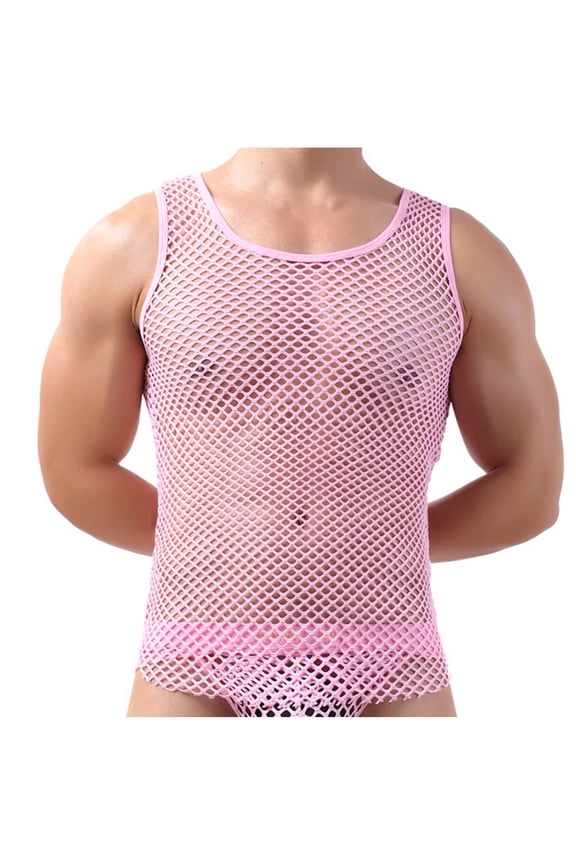 Men Fishnet Tank Top Sheer Transparent Mesh Undershirt Fitted Muscle Gym Shirt Vest