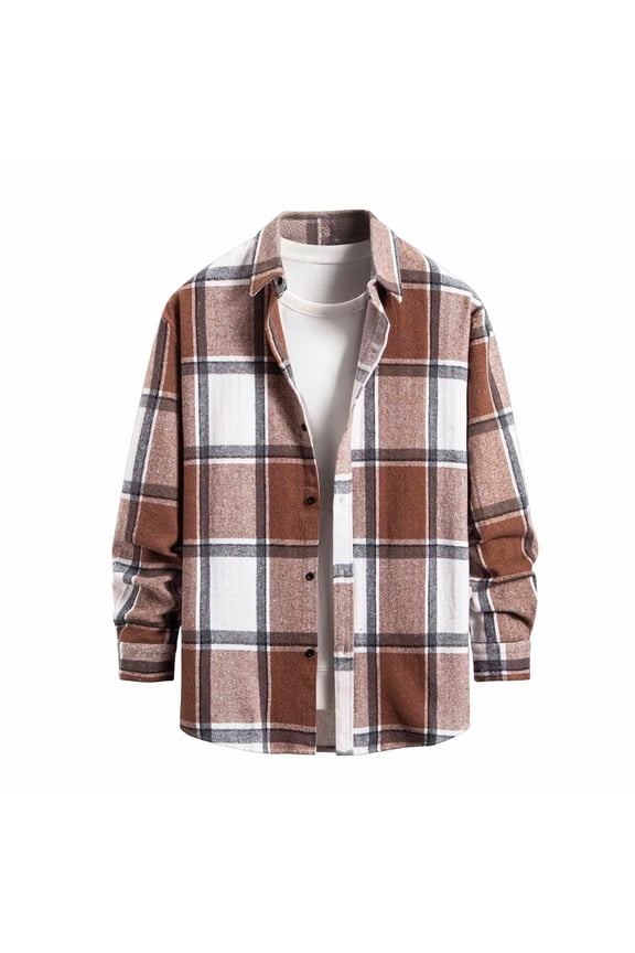 Men Flannel Long Sleeve Casual Cotton Plaid Button Down Shirt Jacket with Lapel Neck Thick Heavyweight