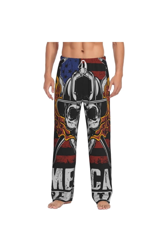 Men Flannel Pajama Pants Long Sleepwear Lounge Bottoms, American Fire Fighter Skull