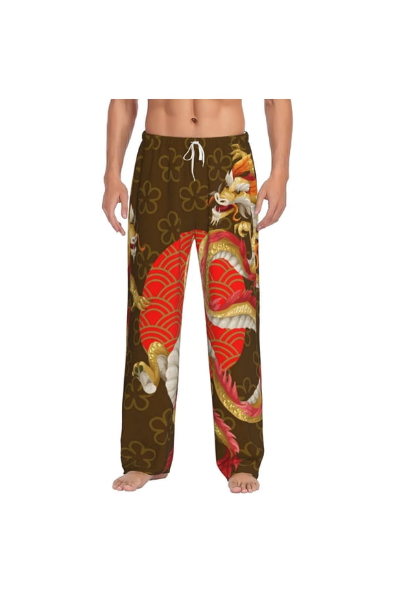 Men Flannel Pajama Pants Long Sleepwear Lounge Bottoms, Asian Dragon Oriental Dragons