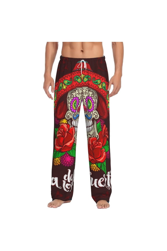 Men Flannel Pajama Pants Long Sleepwear Lounge Bottoms, Day Dead Skull Mexican Mexico