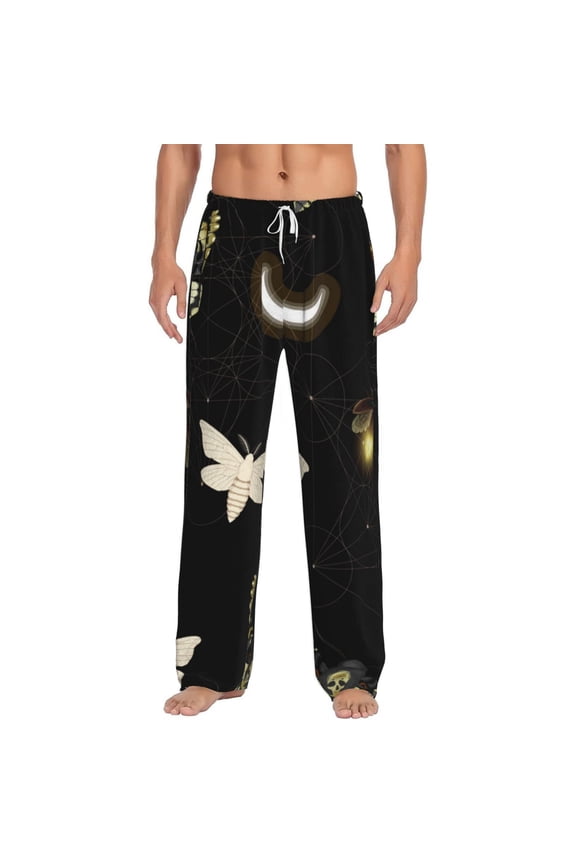 Men Flannel Pajama Pants Long Sleepwear Lounge Bottoms, Death Head Hawk Moth Fireflies