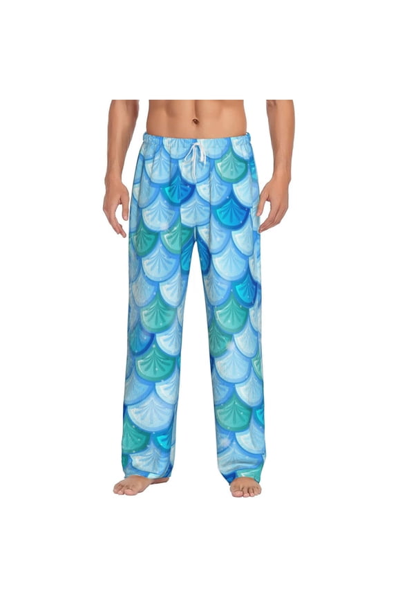 Men Flannel Pajama Pants Long Sleepwear Lounge Bottoms, Fish Scale Pattern