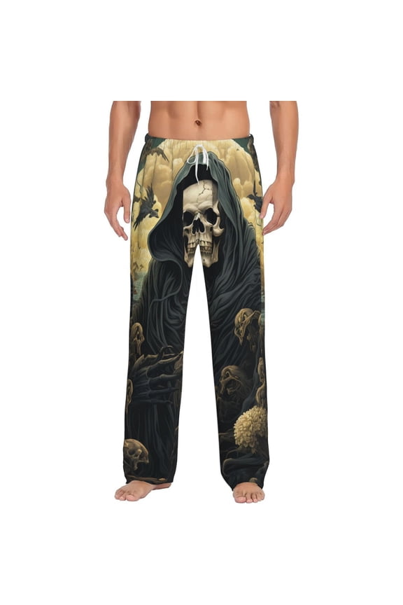 Men Flannel Pajama Pants Long Sleepwear Lounge Bottoms, Grim Reaper Skeleton Skull Art