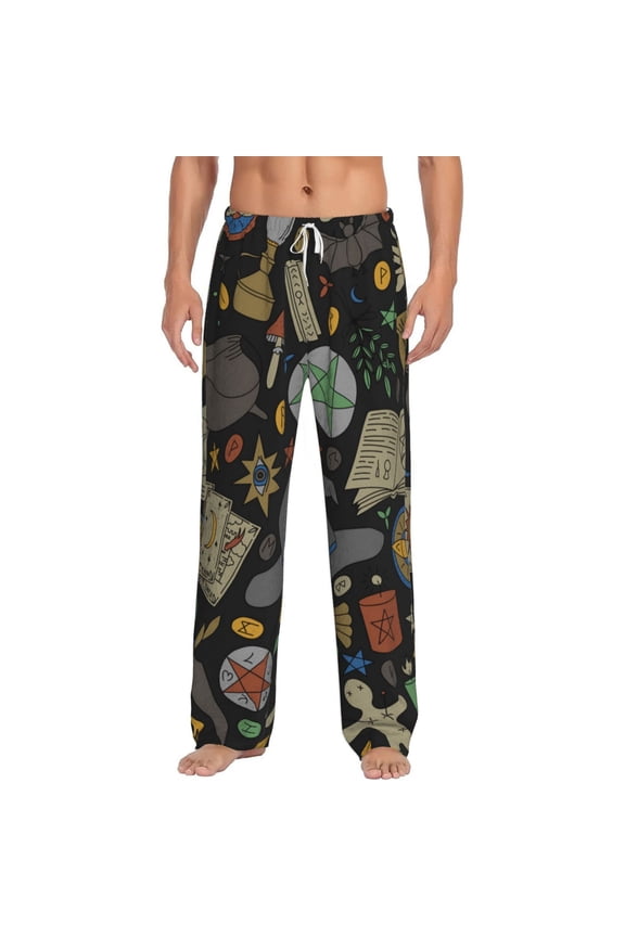 Men Flannel Pajama Pants Long Sleepwear Lounge Bottoms, Magic Skull Pentagram Witches Tarot