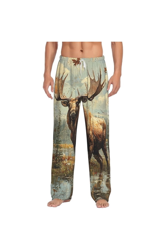Men Flannel Pajama Pants Long Sleepwear Lounge Bottoms, Moose Vintage