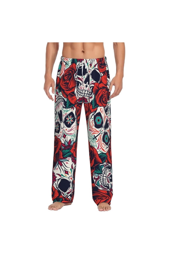 Men Flannel Pajama Pants Long Sleepwear Lounge Bottoms, Red Rose Skull Skulls Head