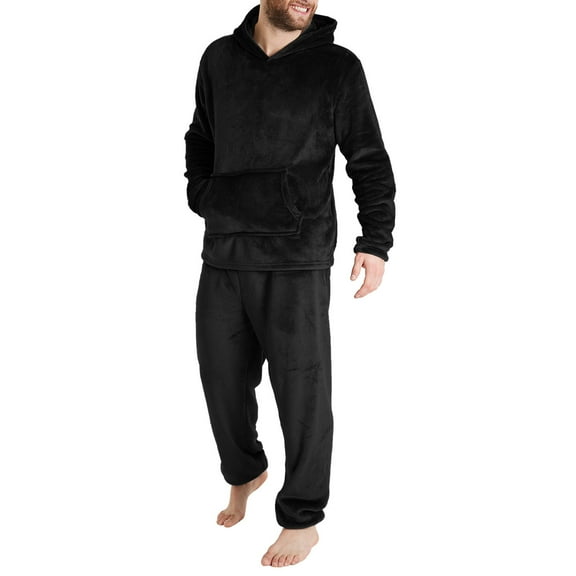 Men Flannel Pajamas Set Lightweight Soft Winter Warm Cozy Pjs Sleepwear Long Sleeve Pullover Hooded Lounge Pants Loungewear with Kangaroo Pocket (Black, L)