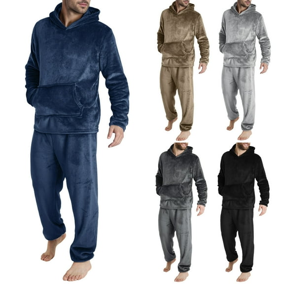 Men Flannel Pajamas Set Lightweight Soft Winter Warm Cozy Pjs Sleepwear Long Sleeve Pullover Hooded Lounge Pants Loungewear with Kangaroo Pocket (Khaki, L)