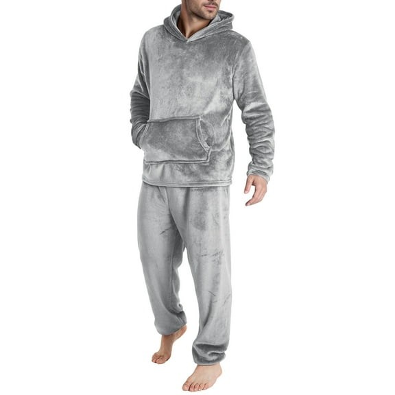 Men Flannel Pajamas Set Lightweight Soft Winter Warm Cozy Pjs Sleepwear Long Sleeve Pullover Hooded Lounge Pants Loungewear with Kangaroo Pocket (Silver, L)