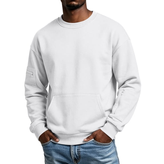 Men Fleece Crew Neck Sweatshirts, Long Sleeve Pullover with Zipper Arm Pocket & Front Pocket Casual Lightweight Solid Color Fall Sweatshirt No Hood, M