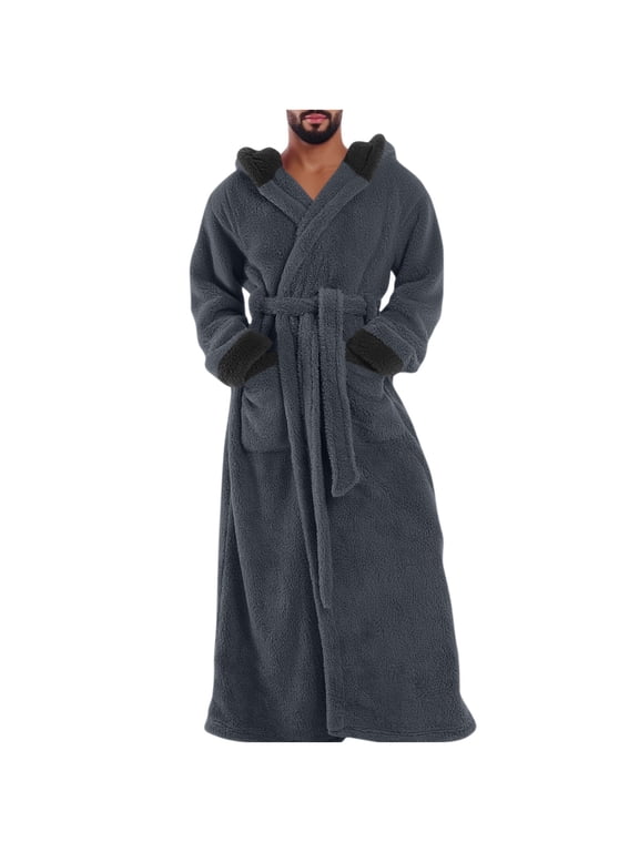 Men Fleece Hooded Wrap Bath Robe, Full-Length House Robe with Tie Belt Pockets Winter Warm Cozy Loungewear for Cold Weather Dark Gray L