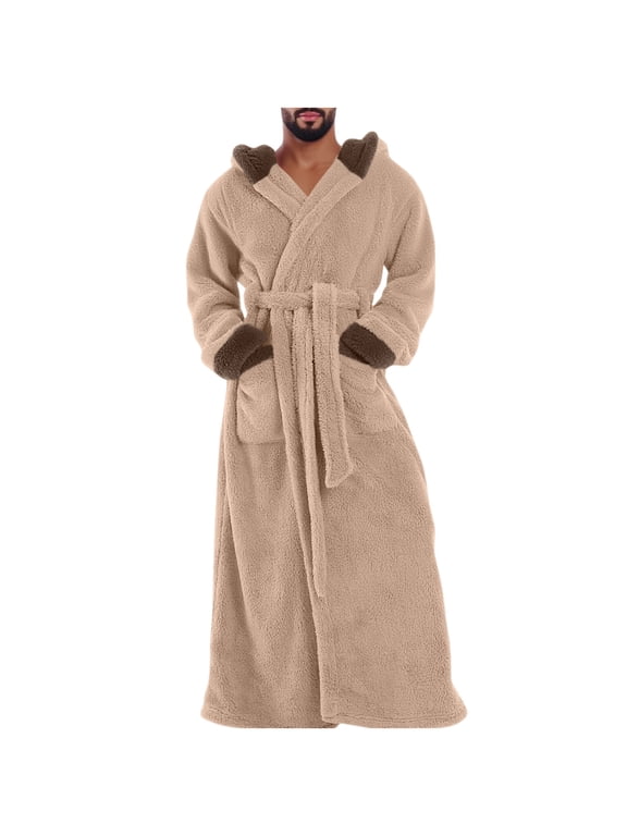 Men Fleece Hooded Wrap Bath Robe, Full-Length House Robe with Tie Belt Pockets Winter Warm Cozy Loungewear for Cold Weather Khaki L