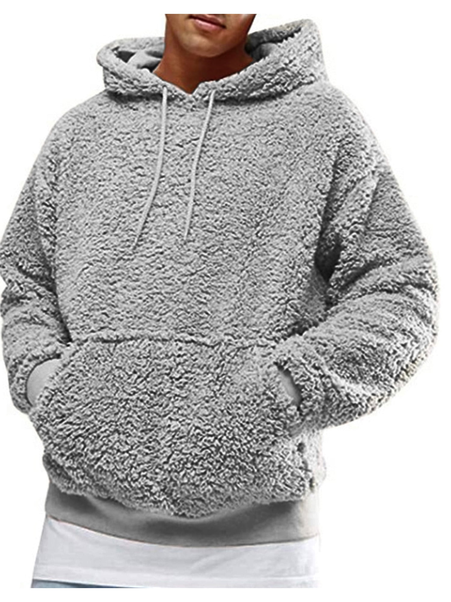 Men Fleece Hoodie Coat Autumn Winter Warm Polar Fleece Solid Color Hooded  Long Sleeves Streetwear Casual Sweatshirt with Pockets