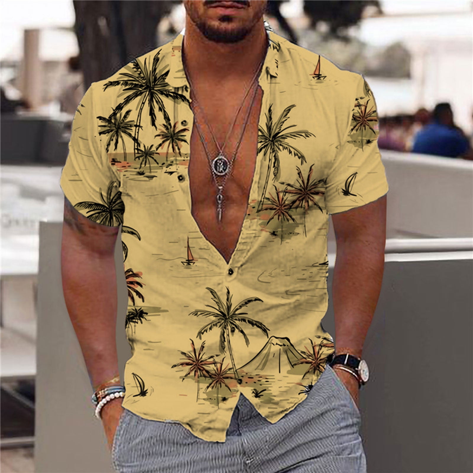 Men Floral Hawaiian Shirts Novelty Short Sleeve Tshirt Lapel Button Up T  Shirt Casual Tropical Beach Aloha Tee Shirt