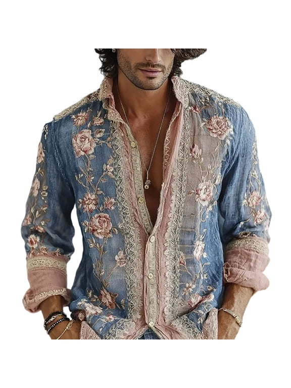 Men Floral Print Button up Shirts Casual Long Sleeve Slim Fit Blouse with Pocket Lightweight Bohemian Clothes