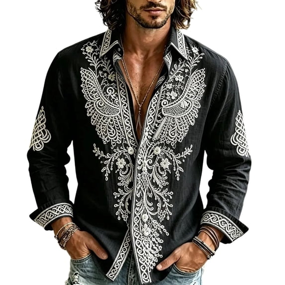 Men Floral Print Button up Shirts Casual Long Sleeve Slim Fit Blouse with Pocket Lightweight Bohemian Clothes