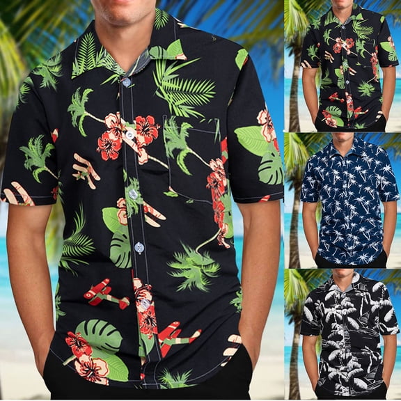 Men Floral Print Hawaiian Shirts Fashion Tropical Beach Shirt Big and Tall Aloha Tshirt Short Sleeve Button Up Shirts