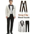 thumbnail image 1 of Men Floral Print Tuxedo Jacket + Coffee Strap Clip, Regular Fit Long Sleeve with Pockets, Spring Fall Party Style Shawl Collar Suit Coat, Spring Formalwear Classic Suit, 1 of 9