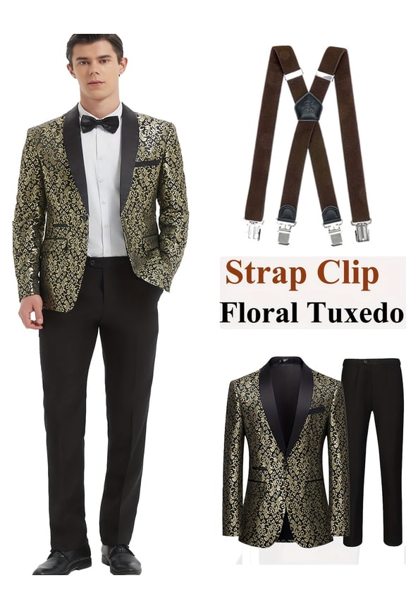 Men Floral Print Tuxedo Jacket + Coffee Strap Clip, Regular Fit Long Sleeve with Pockets, Spring Fall Party Style Shawl Collar Suit Coat, Spring Formalwear Classic Suit