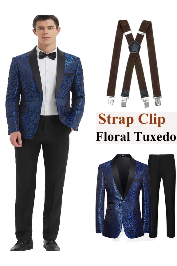 Men Floral Print Tuxedo Jacket + Coffee Strap Clip, Regular Fit Long Sleeve with Pockets, Spring Fall Party Style Shawl Collar Suit Coat, Spring Formalwear Classic Suit