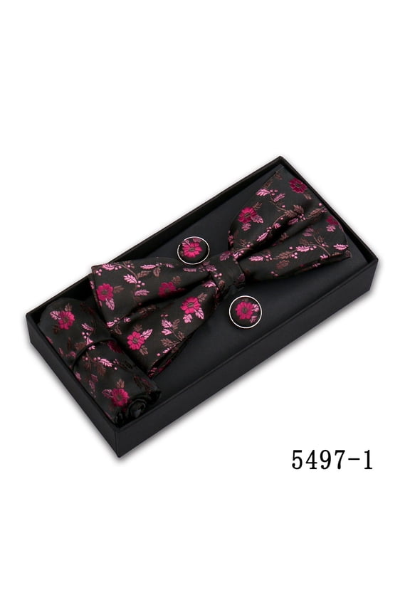 Men Flower Bowtie Pocket Square Handkerchief Cufflink Wedding Party Set With Box