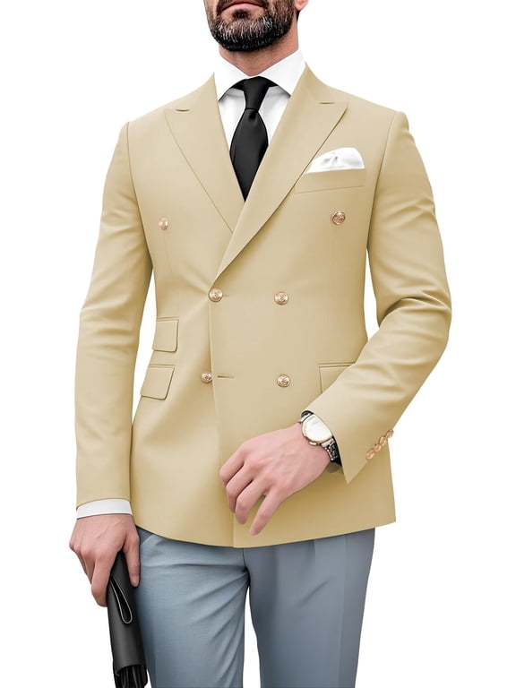 Men Formal Business Jacket Champagne Double Breasted Gold Buttons Slim Fit Wedding Sport Suit Blazer L