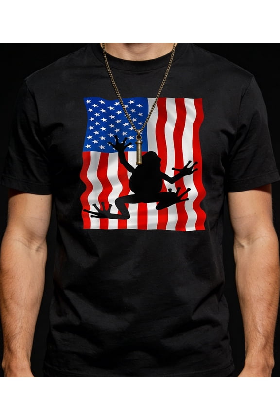 Men Frog Silhouette on American Flag Printing T Shirt Tee
