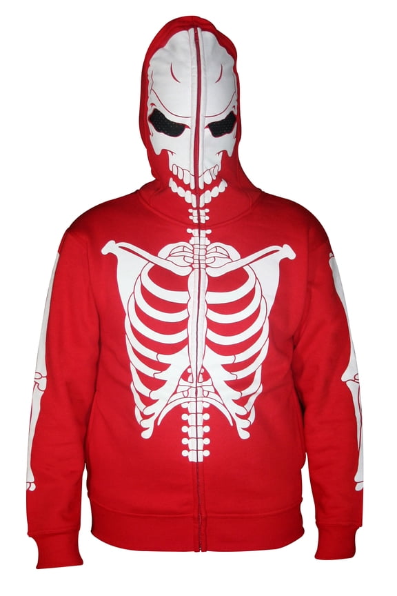 Men Full Face Mask Skeleton Skull Hoodie Halloween Costume White Red Bones Medium