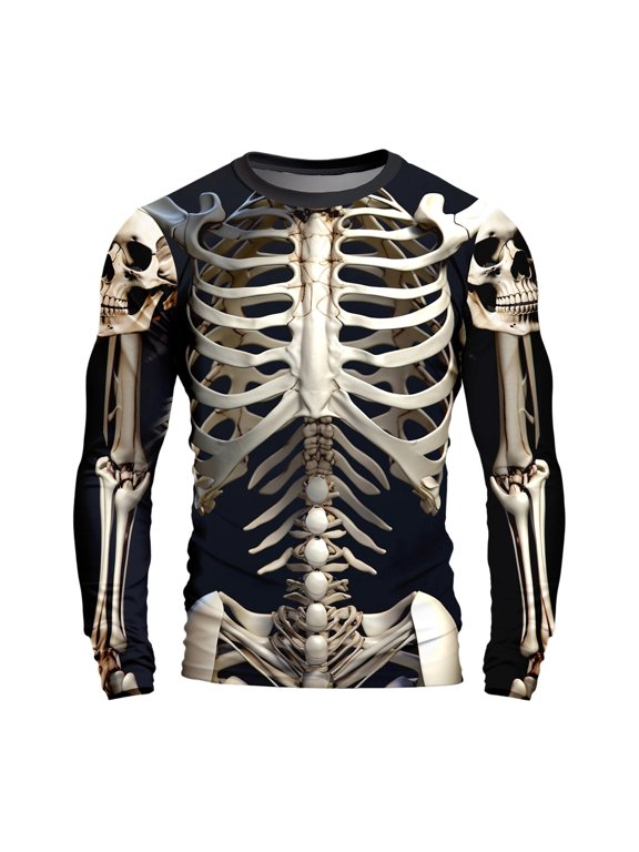 Men Full Skeleton Bone Print Crew Neck Long Sleeve T-Shirt, Loose Fit Gothic Halloween Graphic Casual Streetwear Tee Top(Khaki,L)