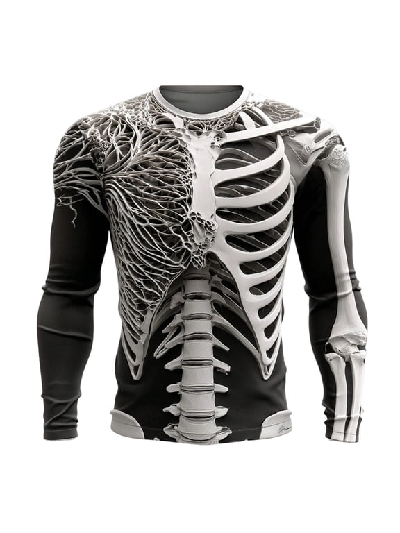 Men Full Skeleton Bone Print Crew Neck Long Sleeve T-Shirt, Loose Fit Gothic Halloween Graphic Casual Streetwear Tee Top(White1,XXXL)
