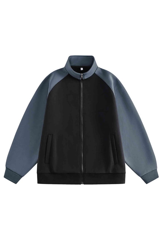 Men Full Zip Fleece Jackets, Raglan Long Sleeve Zipper Sweatshirt No Hood Stand Collar Winter Warm Color Block Zip Up Jackets Outerwear