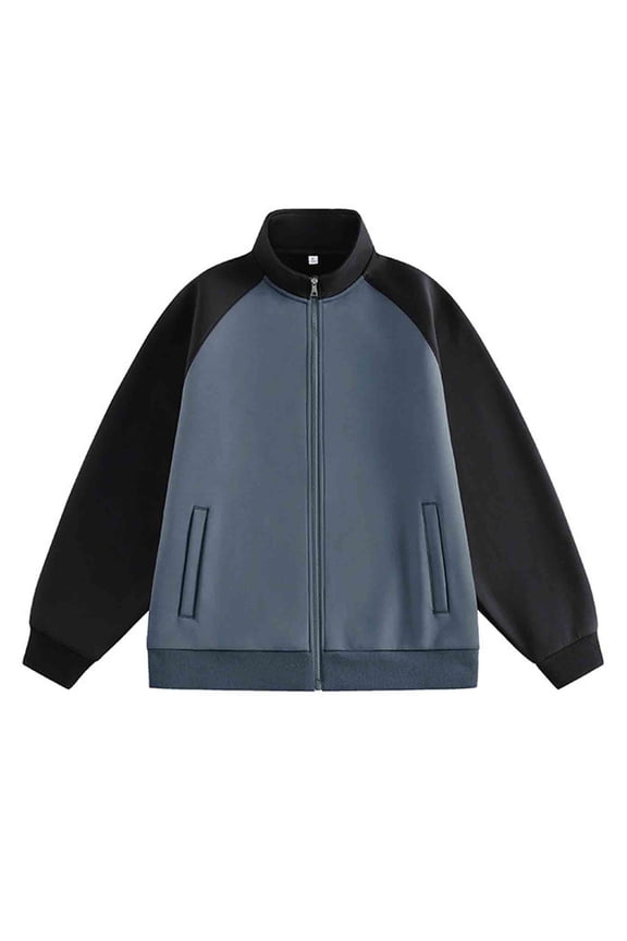 Men Full Zip Fleece Jackets, Raglan Long Sleeve Zipper Sweatshirt No Hood Stand Collar Winter Warm Color Block Zip Up Jackets Outerwear