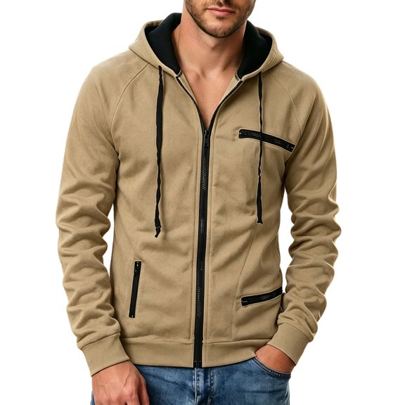 Men Full Zip Hooded Sweatshirt, Contrast Drawstring Hoodie Jacket with Multi Pockets, Soft Casual Track Top Khaki S(S)