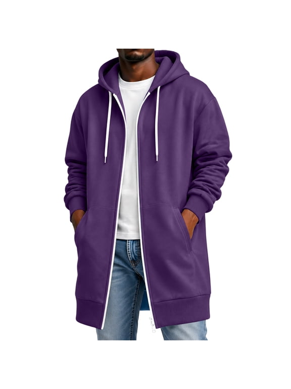 Men Full Zip Long Length Hooded Jacket Heavyweight Sweatshirt Breathable Drop Shoulder Tops for Workout Vacation Purple XL
