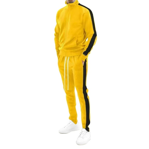 Men Full Zip Track Suit Set with Stand Collar Long Sleeve Jacket and Drawstring Waist Pants with Side Stripes Design