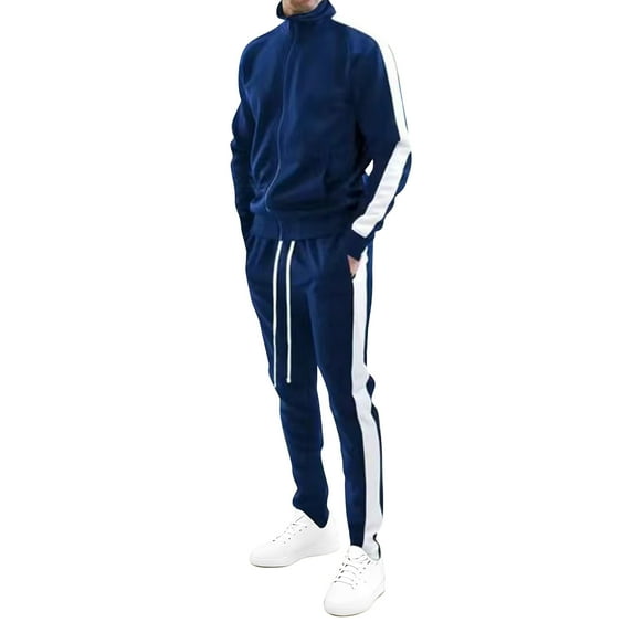 Men Full Zip Track Suit Set with Stand Collar Long Sleeve Jacket and Drawstring Waist Pants with Side Stripes Design