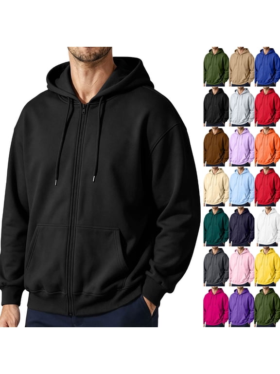 Men Full Zip Up Hoodie Sweatshirt Long Sleeve Drawstring Hood With Kangaroo Pocket Soft Fleece Casual Workout Streetwear Hooded Jacket Tops Black L